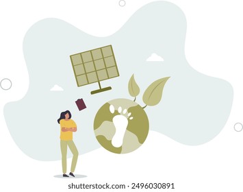 presenting way to reduce CO2 emission footprint through carbon offset, credit and forest conservation. Low carbon concept.Solar panel and alternative energy.flat design.illustration with people.