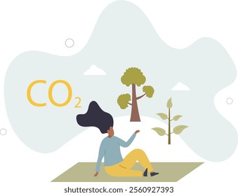 presenting way to reduce CO2 emission footprint through carbon offset, credit and forest conservation.flat characters.