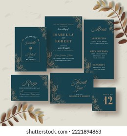 Presenting Wedding Invitation Suite In Teal Blue Color Against Gray Background.