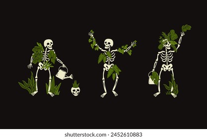 Presenting a world of skeletal trio as they conjure botanical wonders. This hauntingly delightful vector poster blends humor with the macabre. Perfect for Halloween themed designs and spooky decor.