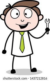 Presenting a Wrench Tool - Office Businessman Employee Cartoon Vector Illustration