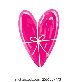 Present-like heart with bowed ribbon. Hand drawn heart illustration icon. Valentine image doodle.