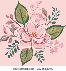 presents an aesthetic composition consisting of a large and striking pink flower on an elegant pink background with surrounding leaves and small flowers