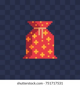 Presents bag icon. New Year greeting card design. Pixel art style. Isolated vector illustration
