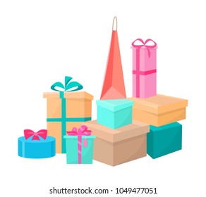 Presents and bags collection, shopping containers delivery concept, presents with bows and decoration, set vector illustration, isolated on white