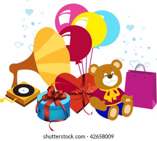 Geschenke, Geburtstag, Urlaub.  Alle Elemente und Texturen sind einzelne Objekte. Vektorgrafik-Skala auf jede beliebige Größe.