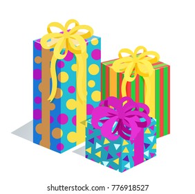 Presents with bows and wrapping of different colorful patterns, Santa Claus factory, happy childhood of kids, vector illustration isolated on white