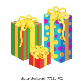Presents with bows and wrapping of different colorful patterns, Santa Claus factory, happy childhood of kids, vector illustration isolated on white