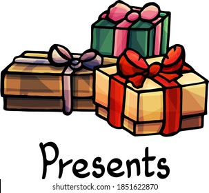 Presents boxes, white background, cartoon style, for children, birthday, party, december, holiday, new year, postcard, card, congratulations, isolated, ribbon, bow, present, gift, box, lettering, joy