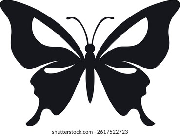 Presents a butterfly vector outline with distinct antenna, prominent wings and unique design. Showcases an elegant insect shape on a transparent backdrop.