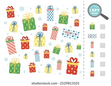 Presents or Christmas gifts in I spy game for kids. Search and count how many. Math game. Isolated vector illustration eps 10