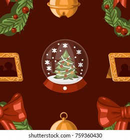 Presents for Christmas holidays, snow globe, bell, portrait frame, christmas tree. Vector illustration seamless pattern