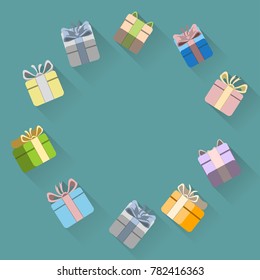 Presents in circle with long shadow Flat vector design illustration