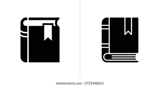 Apresenta um design limpo e minimalista com dois ícones de livros pretos distintos, cada um adornado com um marcador, definido contra um fundo branco nítido, estilo simples e moderno.