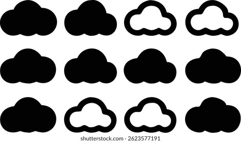 Presents cloud icons in various shapes. Perfect for illustrating weather, cloud storage or sky concepts with transparency. Clean, minimal, and versatile.
