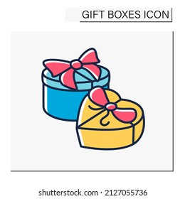 Presents color icon. Gift case with ribbon, top view.Holiday congratulation, surprise for friends. Holiday offer. Valentine, birthday. Gift box concept. Isolated vector illustration