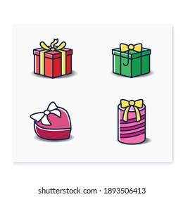 Presents color icons set. Different shapes gift boxes collection. Holiday congratulation, surprise concept. Christmas, new year, birthday celebration. Isolated vector illustrations