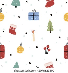 presents colorful seamless pattern hand drawn with gift,pine.sock and candle,christmas and new on white backgroundyear