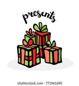 Presents composition. Colored sketch of gifts tied with ribbons and hand drawn creative typography. Bright doodle style celebration attributes. Vector illustration.