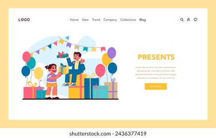 Presents concept. Gleeful exchange of gifts among children, with colorful balloons and festive bunting enhancing the celebratory atmosphere. Joyful birthday scene. Flat vector illustration