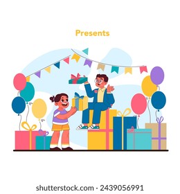 Presents concept. Gleeful exchange of gifts among children, with colorful balloons and festive bunting enhancing the celebratory atmosphere. Joyful birthday scene. Flat vector illustration