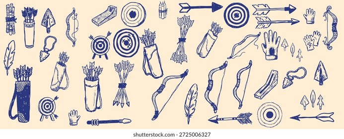 Presenta delicados motivos de tiro con arco en tinta azul marino como un patrón de Vector sin costuras para la marca y la ropa, rústico
