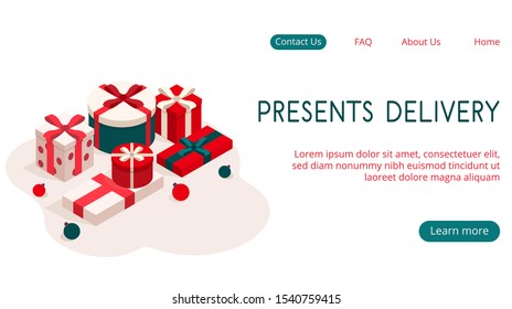 Presents delivery landing page. Vector, isometric illustration. 