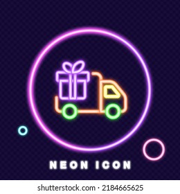 Presents delivery line icon. Logistics, gift, truck, parcel, package, box, courier, car, client, purchase, order, drive, road traffic. Service concept. Neon glow style. Vector line icon for Business.