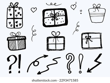 Presenta doodles, colección de elementos dibujados a mano para el diseño