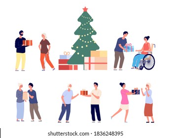 Presents for elderly people. Christmas or new year party in nursing home with young volunteers. Happy grandchildren gift to grandparents vector set