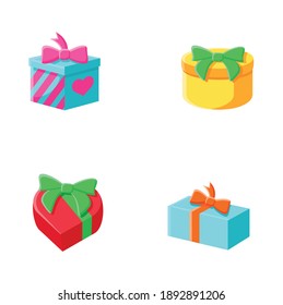 Stellt flache Symbole bereit. Geschenkbox-Kollektion mit unterschiedlichen Formen. Feierliche Gratulation, Überraschungskonzept. Weihnachten, neues Jahr, Geburtstagsfeier. Farbvektorgrafiken