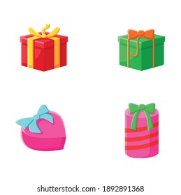 Presents flat icons set. Different shapes gift boxes collection. Holiday congratulation, surprise concept. Christmas, new year, birthday celebration. Color vector illustrations