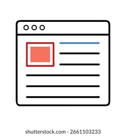 Presents a flat, simplified webpage outline, with a coral square and blue line. Designed with rounded corners and clean lines against a white backdrop.