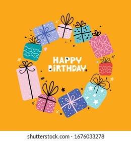 Presents frame flat vector illustration with typography. Decorative round frame for desing bday greeting card or banner flat template with happy birthday text. Gifts and different graphic elements