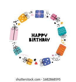 Presents frame flat vector illustration with typography. Decorative round frame for desing bday greeting card or banner flat template with happy birthday text. Gifts and different graphic elements