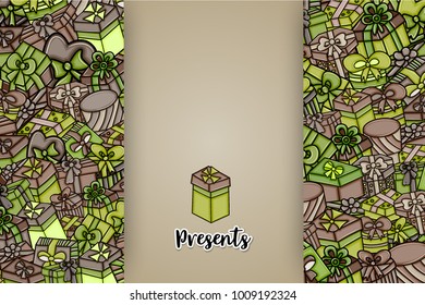 Presents and gift boxes cartoon doodle design. Cute background concept for birthday greeting card,  advertisement, banner, flyer, brochure. Hand drawn vector illustration. Green and brown color.