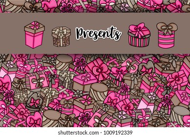 Presents and gift boxes cartoon doodle design. Cute background concept for birthday greeting card,  advertisement, banner, flyer, brochure. Hand drawn vector illustration. Pink and brown color.