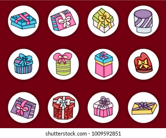 Presents and gift boxes cartoon doodle elements set. Hand drawn vector illustration. 