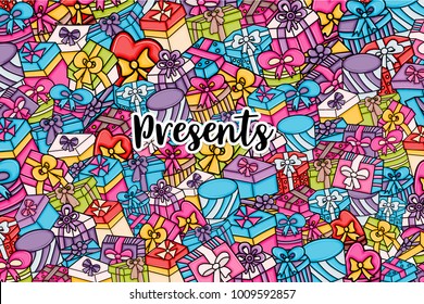 Presents and gift boxes cartoon doodle design. Cute background concept for birthday greeting card,  advertisement, banner, flyer, brochure. Hand drawn vector illustration.