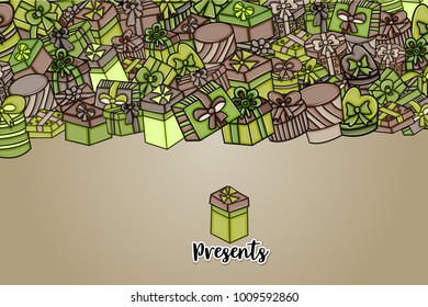 Presents and gift boxes cartoon doodle design. Cute background concept for birthday greeting card,  advertisement, banner, flyer, brochure. Hand drawn vector illustration. Green and brown color.