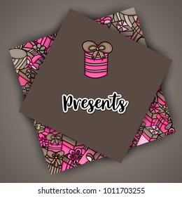 Presents and gift boxes cartoon doodle design. Cute background concept for birthday greeting card,  advertisement, banner, flyer, brochure. Hand drawn vector illustration. Pink and brown color.