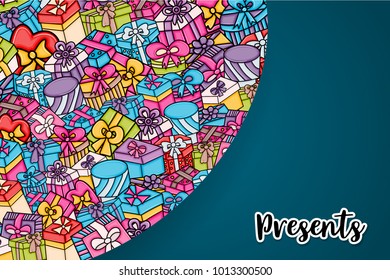Presents and gift boxes cartoon doodle design. Cute background concept for birthday greeting card,  advertisement, banner, flyer, brochure. Hand drawn vector illustration.