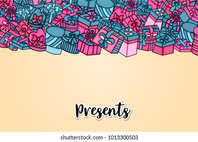 Presents and gift boxes cartoon doodle design. Cute background concept for birthday greeting card,  advertisement, banner, flyer, brochure. Hand drawn vector illustration.