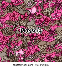 Presents and gift boxes cartoon doodle design. Cute background concept for birthday greeting card,  advertisement, banner, flyer, brochure. Hand drawn vector illustration. Pink and brown color.