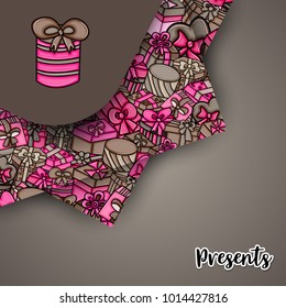 Presents and gift boxes cartoon doodle design. Cute background concept for birthday greeting card,  advertisement, banner, flyer, brochure. Hand drawn vector illustration. Pink and brown color.