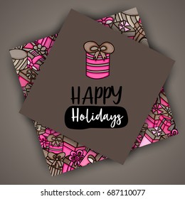 Presents and gift boxes cartoon doodle design. Cute background concept for birthday greeting card,  advertisement, banner, flyer, brochure. Hand drawn vector illustration. Pink and brown color.