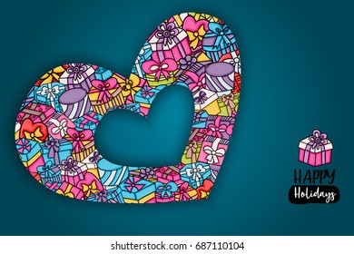 Presents and gift boxes cartoon doodle design. Cute background concept for birthday greeting card,  advertisement, banner, flyer, brochure. Hand drawn vector illustration.