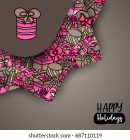 Presents and gift boxes cartoon doodle design. Cute background concept for birthday greeting card,  advertisement, banner, flyer, brochure. Hand drawn vector illustration. Pink and brown color.
