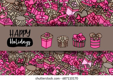 Presents and gift boxes cartoon doodle design. Cute background concept for birthday greeting card,  advertisement, banner, flyer, brochure. Hand drawn vector illustration. Pink and brown color.