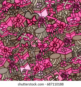 Presents and gift boxes cartoon doodle design. Cute background concept for birthday greeting card,  advertisement, banner, flyer, brochure. Hand drawn vector illustration. Pink and brown color.